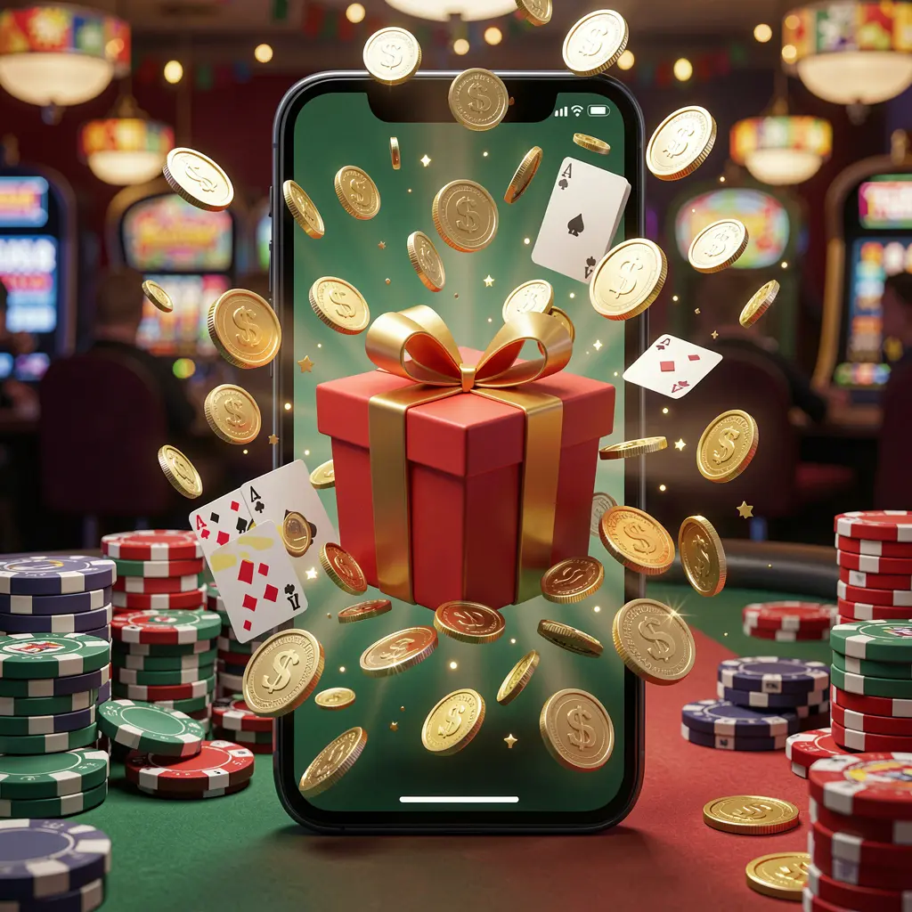 NA333 mobile casino bonus app concept showing a phone screen with a gift box and coins bursting out in a festive casino atmosphere