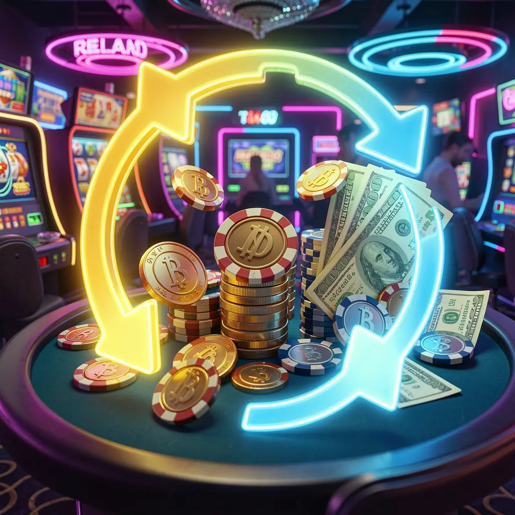 NA333 reload bonus casino visual featuring glowing circular arrows around coins, chips, and cash with a modern neon casino background in a high detail 3D render