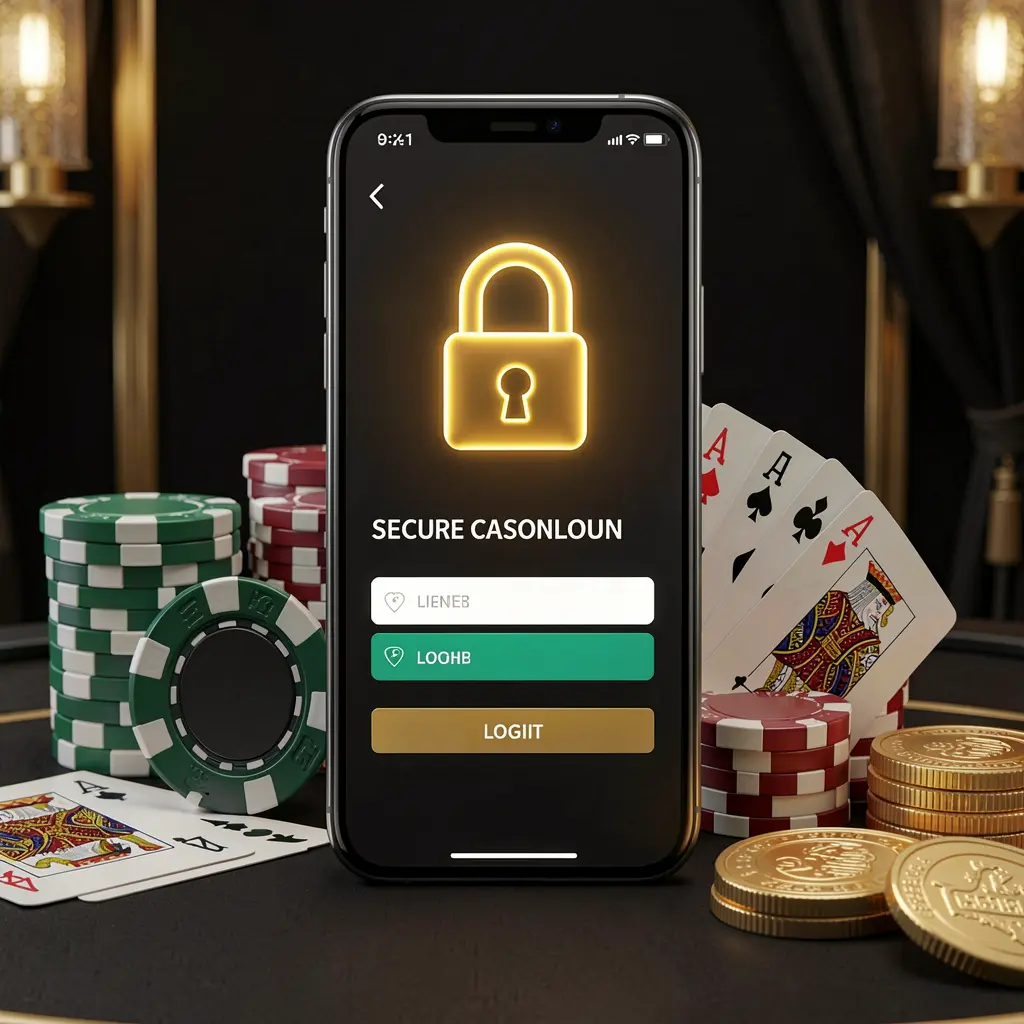 NA333 secure casino account login concept with glowing lock icon on smartphone screen surrounded by poker chips, playing cards, and golden coins on an elegant black and gold background
