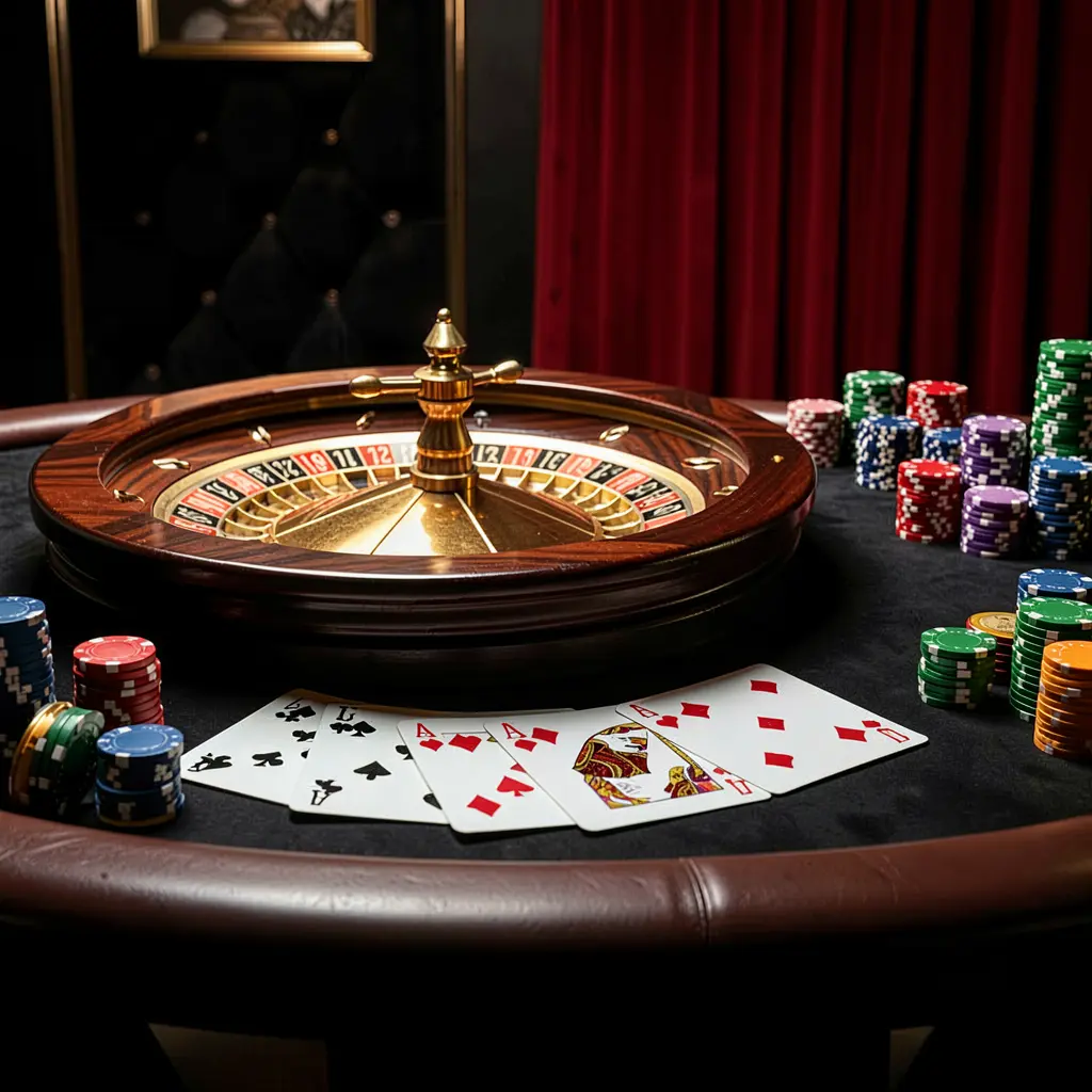Elegant gaming table featuring roulette, blackjack cards, poker chips, and coins under luxury cinematic lighting with a black and red background, showcasing the NA333 online casino platform's responsible gaming environment